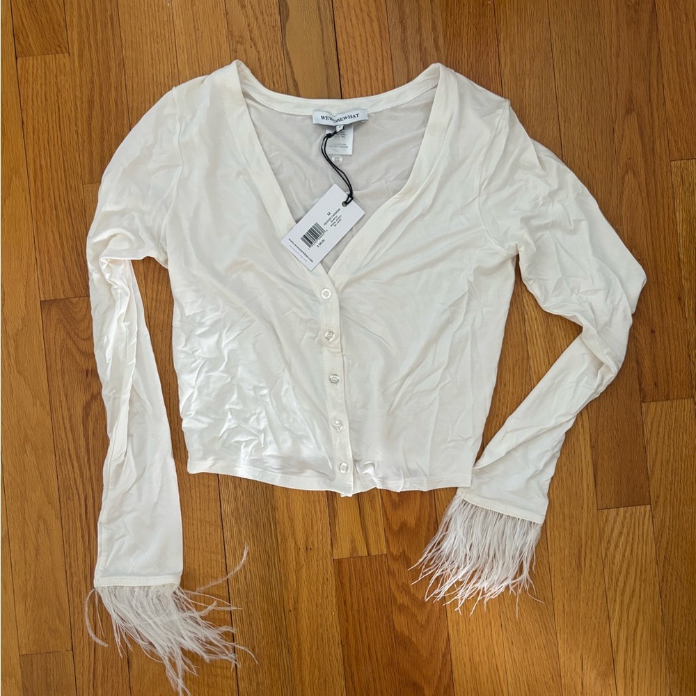WeWoreWhat Cream Button Down Top/Cardigan w/ Feather Cuffs